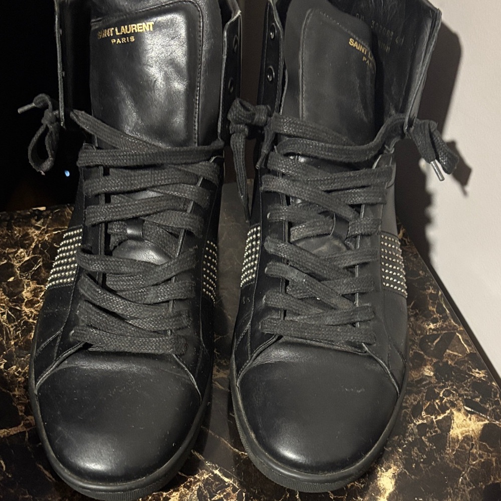 Saint Laurent Black Leather High-Top Sneakers with Stud Accent